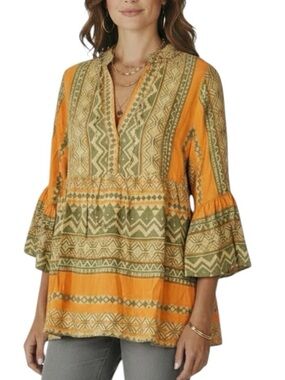 NWT EASEL Tribal Print Boho Ruffle Detail V-Neck Babydoll Top Size Small